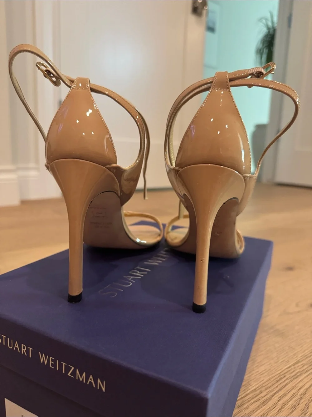 Stuart Weitzman Patent Camel Ankle-Strap Heels